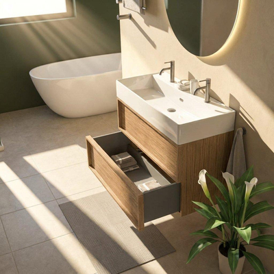 Saniclass Holz Frame Ensemble meuble de salle de bains - 100x45x72cm - Legend lavabo en céramique blanc - 1 vasque - 2 trous de robinet - 2 tiroirs - chêne natural mat (bois)