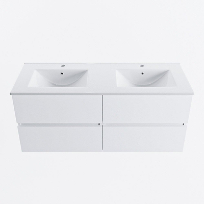 MONDIAZ VICA 120cm meuble sous lavabo Talc 4 tiroirs. Lavabo DENIA double 2 trous de robinet, couleur Blanc Brillant.