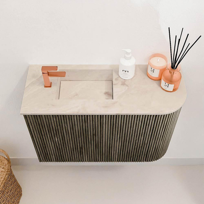 Mondiaz JOYA-DLUX 61.6cm toiletmeubel - ronding rechts kleur Shadow - Wastafel FAYE positie Links 1 kraangat kleur Frappe.