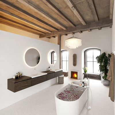 MONDIAZ BUKLA 280cm ensemble de meuble avec module 60 à droite couleur Marron Foncé avec 4 tiroirs. Lavabo CLOUD double 0 trou de robinet couleur Talc.