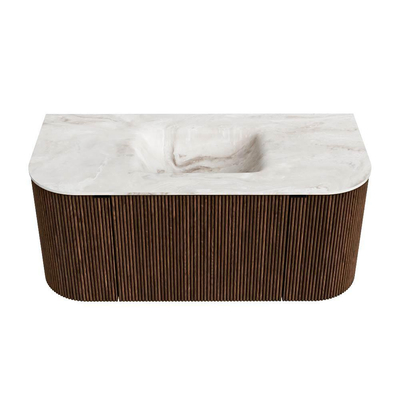 MONDIAZ KURVE-DLUX 100cm badmeubel met module 25 Len R kleur Walnut met 1 lade en 2 deuren. Wastafel GRUNNE midden zonder kraangat kleur Frappe.