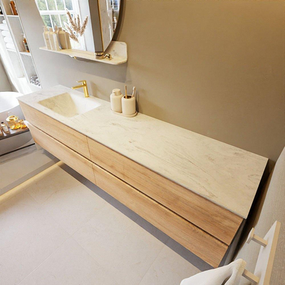 MONDIAZ VICA-DLUX Ensemble meuble de salle de bains - 200cm - meuble bas Washed oak - 4 tiroirs - lavabo encastré cloud à gauche - 1 trou de robinet - version hauteur 60cm - opalo
