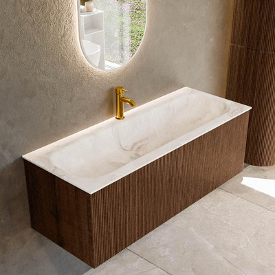 MONDIAZ KURVE-DLUX 120cm badmeubel kleur Walnut met 1 lade. Wastafel BIG LARGE midden 1 kraangat kleur Frappe.