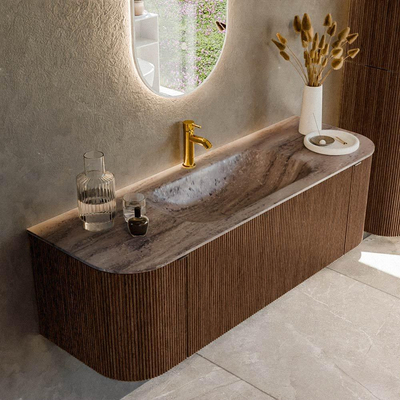 MONDIAZ KURVE-DLUX 140cm badmeubel ronding Links + Rechts kleur Walnut met 1 lade en 2 deuren. Wastafel BIG SMALL Midden 1 kraangat Oza.
