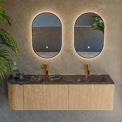 MONDIAZ KURVE-DLUX Meuble de salle de bains 155cm avec module 25 L couleur Chêne avec 2 tiroirs et 1 porte. Lavabo LEAF double / droite 2 trous de robinet couleur Lava.