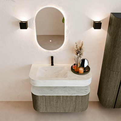 MONDIAZ THOR-DLUX 100cm meuble de salle de bains arrondi gauche + droite couleur Shadow avec 1 tiroir et 2 portes. Vasque suspendue CLOUD Gauche 1 trou de robinet couleur Opalo.