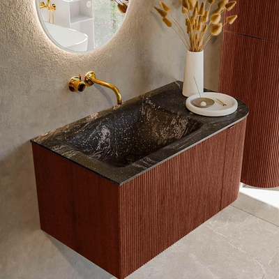 Mondiaz KURVE-DLUX Badkamermeubelset - 85x46x40cm - 1 lade - 1 deur - wastafel solid surface - links - zonder kraangat - Ruby