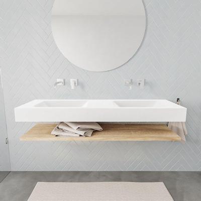 MONDIAZ ALAN 150cm - Ensemble meuble de salle de bains - tablette - chêne blanchi - lavabo suspendu - 2 vasques - 0 trou de robinet - talc