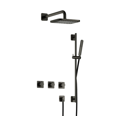 Hotbath Gal IBSGL70 Ensemble de douche thermostatique encastré - 2 robinets d'arrêt - bras mural 35 cm - douche de tête carrée 22 cm - douchette stick - barre de douche - gun metal brossé PVD