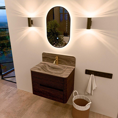 Mondiaz CIRO-DLUX Badkamermeubelset - 70x45x50cm - Solid surface wastafel Sombra - 1 wasbak Midden - 1 kraangat - 2 lades - Walnut
