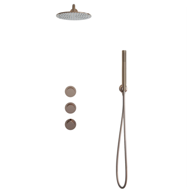 Fortifura Nebbio Ensemble de douche pluie - robinet encastré - élément encastré - coude mural de raccordement - flexible de douche métal - douchette à main barre - bras mural 35cm - pomme de douche ronde 25cm - cuivre brossé PVD