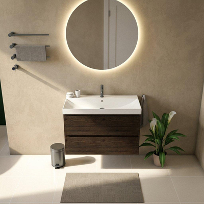 Saniclass Holz Pure Ensemble meuble de salle de bains - 100x45x67.5cm - Wave lavabo en céramique - 1 vasque - 1 trou de robinet - 2 tiroirs - chêne charcoal mat (bois)