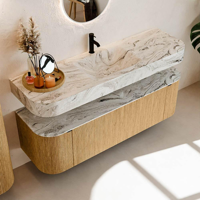 MONDIAZ THOR-DLUX 150cm badmeubel ronding links + rechts kleur Oak met 1 lade en 2 deuren. Vrijhangende wastafel CLOUD Midden 1 kraangat kleur Glace.