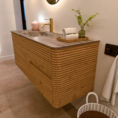 Mondiaz CIRO-DLUX Badkamermeubelset - 120x45x50cm - Solid surface wastafel Sombra - 1 wasbak Links - 1 kraangat - 2 lades - Oak