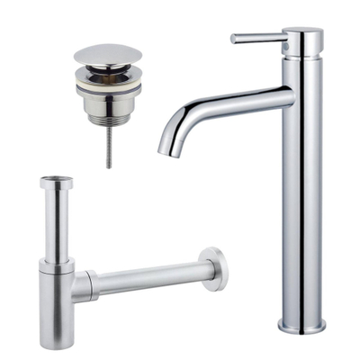 FugaFlow Eccelente Sobrado Kit mitigeur lavabo - robinet rehaussé - bonde clic clac - siphon design - Chrome brillant