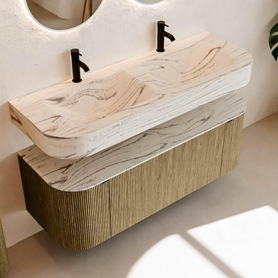 MONDIAZ THOR-DLUX 130cm meuble de salle de bains arrondi gauche + droite couleur Dusk avec 1 tiroir et 2 portes. Vasque suspendue CLOUD Double 2 trous de robinet couleur Nata.