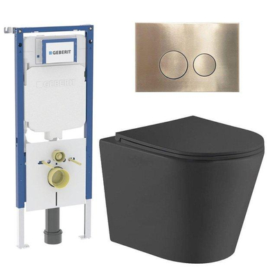 QeramiQ Dely Toiletset - 36.3x51.7cm - diepspoel - rimless - Geberit UP720 inbouwreservoir - softclose toiletzitting - geborsteld messing bedieningsplaat - ronde knoppen - zwart mat