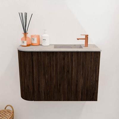 Mondiaz JOYA-DLUX 61.6cm toiletmeubel - ronding links kleur Walnut - Wastafel FAYE positie Rechts 1 kraangat kleur Glace.