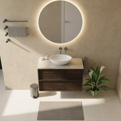 Saniclass Holz Frame Ensemble de meubles de salle de bains - 100x45x63cm - Plan de travail en pierre naturelle travertin - sans trou de robinetterie - 2 tiroirs - chêne charcoal mat (bois)
