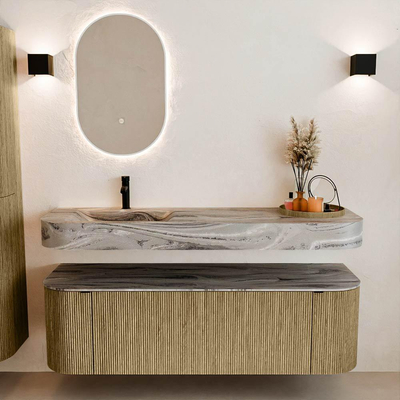 MONDIAZ THOR-DLUX 150cm meuble de salle de bains arrondi gauche + droite couleur Dusk avec 1 tiroir et 2 portes. Vasque suspendue CLOUD Gauche 1 trou de robinet couleur Sombra.