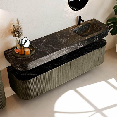 MONDIAZ THOR-DLUX 180cm meuble de salle de bains arrondi gauche + droite couleur Shadow avec 2 tiroirs et 2 portes. Vasque suspendue CLOUD Droite 1 trou de robinet couleur Lava.