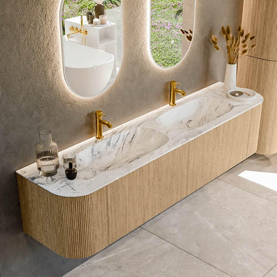 MONDIAZ KURVE-DLUX 190cm Meuble salle de bain avec module 25 G et D - couleur Oak - 2 tiroirs - 2 portes - vasque STOR SMALL double - 2 trous de robinet - couleur Glace