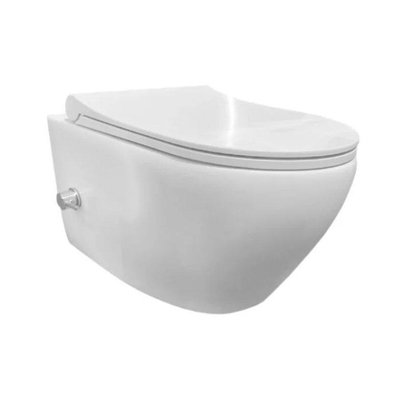 Sanicare Rondo WC suspendu compact sans bride avec douchette bidet / mitigeur de bidet intégré incluant abattant Céramique blanc