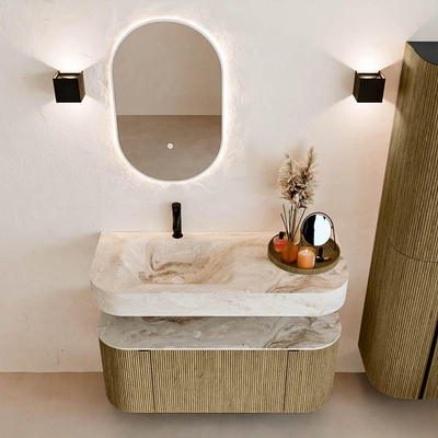 MONDIAZ THOR-DLUX Meuble de salle de bains 110cm arrondi gauche + droite couleur Dusk avec 1 tiroir et 2 portes. Vasque suspendue CLOUD Gauche 1 trou de robinet couleur Frappe.