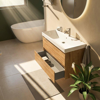 Saniclass Holz Pure Ensemble de meubles de salle de bains - 100x45x67.5cm - lavabo Wave en céramique - 1 vasque - 1 trou de robinetterie - 2 tiroirs - chêne natural mat (bois)