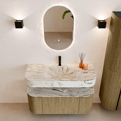 MONDIAZ THOR-DLUX Meuble de salle de bains 110cm arrondi gauche + droite couleur Dusk avec 1 tiroir et 2 portes. Vasque suspendue CLOUD Milieu 1 trou de robinet couleur Glace.