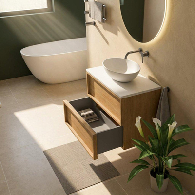 Saniclass Holz Frame Ensemble de meuble de salle de bains - 80x45x62.5cm - plan de toilette Torino en solid surface blanc - sans trou de robinetterie - 2 tiroirs - chêne natural mat (bois)