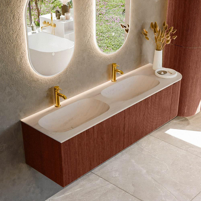 MONDIAZ KURVE-DLUX 165cm meuble de salle de bains avec arrondi à droite couleur Ruby avec 2 tiroirs et 1 porte. Lavabo STOR SMALL Double / Gauche 2 trous de robinet Meli.
