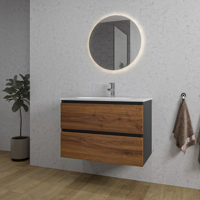 Adema Industrial 2.0 Badkamermeubelset - 80x45x55cm - 1 ovale keramische wasbak wit - 1 kraangat - ronde spiegel met verlichting - hout/zwart
