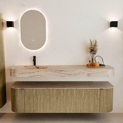 MONDIAZ THOR-DLUX 170cm meuble de salle de bains arrondi gauche + droite couleur Dusk avec 1 tiroir et 2 portes. Vasque suspendue CLOUD Gauche 1 trou de robinet couleur Arena.