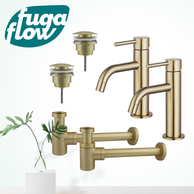 FugaFlow Eccelente Sobrado Badkamer Slim Wastafelkraanset - voor dubbele wastafel - lage wastafelkraan - klikwaste plug - verlaagde design sifon - PVD Geborsteld Messing