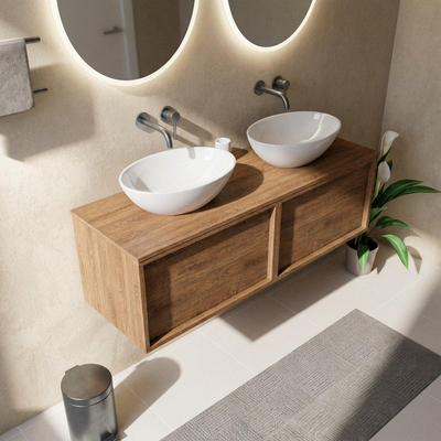 Saniclass Holz Frame Ensemble de meubles de salle de bains - 140x45x42cm - plan de travail en bois - sans trou de robinet - 2 tiroirs - chêne natural mat (bois)