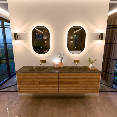 Mondiaz CIRO-DLUX Meuble de salle de bains - 190x45x50cm - lavabo solid surface Lava - 2 vasques double - sans trous de robinet - 4 tiroirs - Chêne