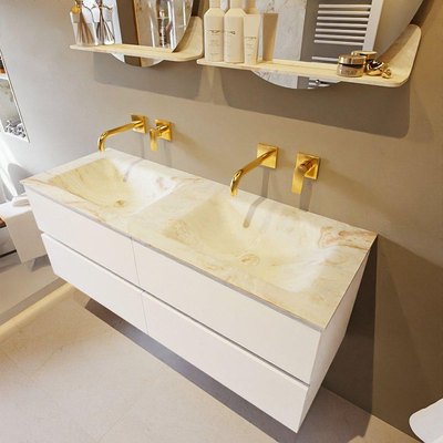 MONDIAZ VICA-DLUX Ensemble meuble de salle de bains - 130cm - meuble bas talc - 4 tiroirs - lavabo encastré cloud double - sans trous de robinet - version haute 60cm - frape