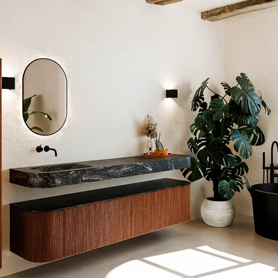 MONDIAZ THOR-DLUX 200cm meuble de salle de bains arrondi gauche + droite couleur Ruby avec 2 tiroirs et 2 portes. Vasque suspendue CLOUD Gauche sans trou de robinet couleur Lava.