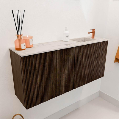 Mondiaz JOYA-DLUX 90cm toiletmeubel - kleur Walnut - Wastafel FAYE positie Rechts 1 kraangat kleur Nata.