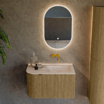 MONDIAZ KURVE-DLUX meuble de salle de bains 75cm arrondi à gauche couleur Dusk avec 1 tiroir et 1 porte. Lavabo GRUNNE à droite sans trou de robinetterie Nata.