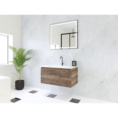 HR Matrix ensemble meuble de salle de bain 3d 80cm 1 tiroir sans poignée avec bandeau couleur charleston avec vasque fine 1 trou de robinetterie blanc mat