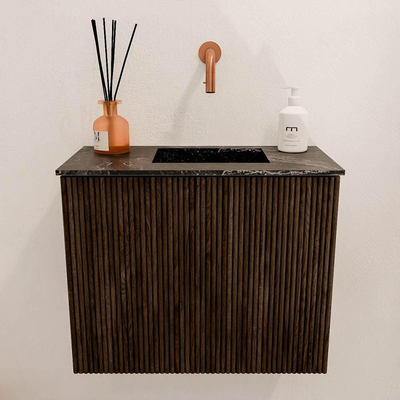 Mondiaz JOYA-DLUX 50cm toiletmeubel - kleur Walnut - Wastafel FAYE positie Rechts Zonder kraangat kleur Lava.