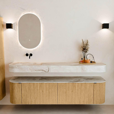 MONDIAZ THOR-DLUX Meuble de salle de bains - 180cm - arrondi gauche + droite - couleur Oak - 2 tiroirs et 2 portes - Vasque suspendue CLOUD gauche sans trou de robinet - couleur Frappe