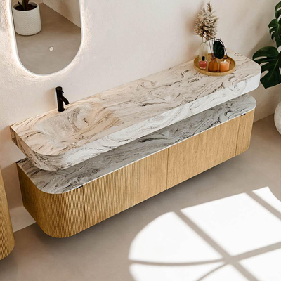 MONDIAZ THOR-DLUX Meuble de salle de bains 190cm arrondi gauche + droite couleur Oak avec 2 tiroirs et 2 portes. Vasque suspendue CLOUD Gauche 1 trou de robinet couleur Glace.