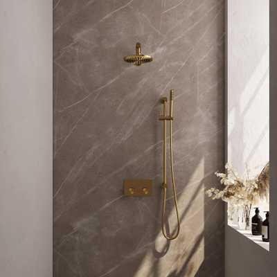 BRAUER Gold Carving Douche de tête thermostatique encastrée - douche de pluie - boutons-poussoirs - SET 61 - douche de tête 20cm - bras mural droit - douchette barre - flexible de douche - barre de douche intégrée - or brossé PVD