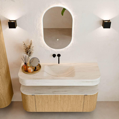 MONDIAZ THOR-DLUX 130cm badmeubel ronding links + rechts kleur Oak met 1 lade en 2 deuren. Vrijhangende wastafel CLOUD Midden zonder kraangat kleur Meli.