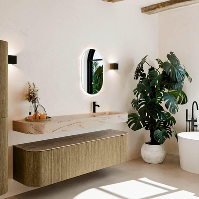 MONDIAZ THOR-DLUX Meuble de salle de bains 170cm arrondi gauche + droite couleur Dusk avec 1 tiroir et 2 portes. Vasque suspendue CLOUD Droite 1 trou de robinet couleur Arena.