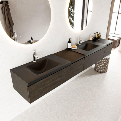 MONDIAZ BUKLA 240cm ensemble de meuble avec module 40 gauche couleur Marron Foncé avec 4 tiroirs. Lavabo CLOUD double 2 trous de robinet couleur Urban.