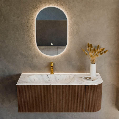 MONDIAZ KURVE-DLUX Meuble de salle de bains 115 cm avec module 25 R couleur Walnut avec 1 tiroir et 1 porte. Lavabo BIG SMALL gauche 1 trou de robinet couleur Glace.